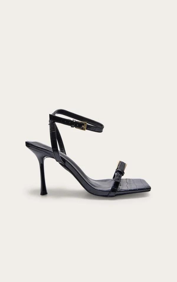 Black Croc PU Square Toe Double Buckle High Stiletto Heeled Sandals