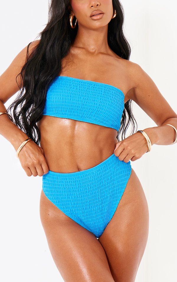 Blue Shirred High Waist Bikini Bottoms