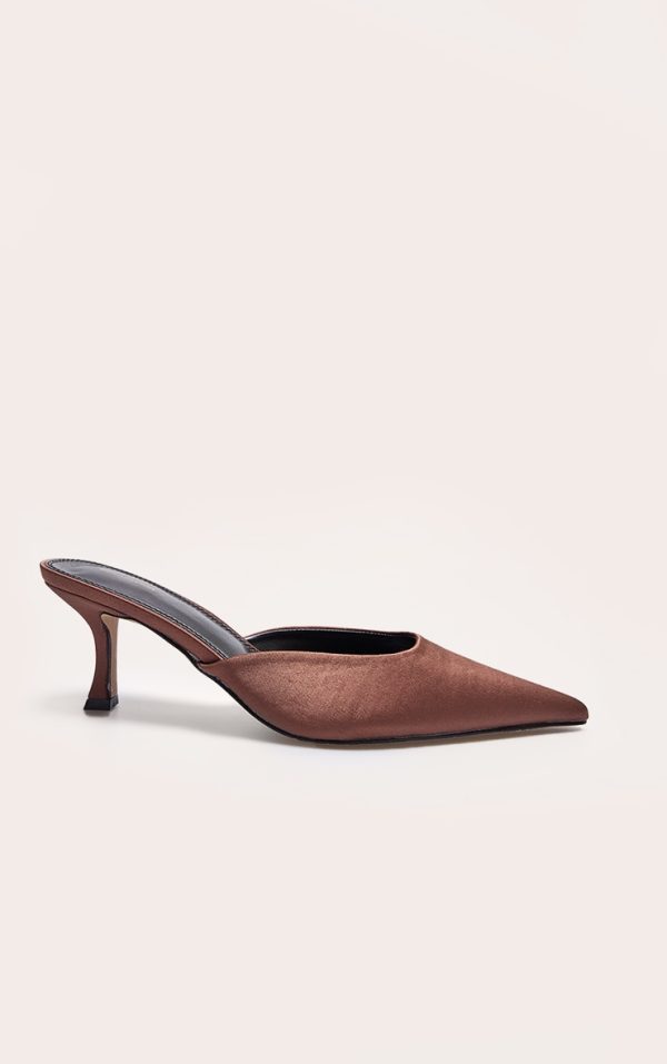 Chocolate Satin Point Toe Mid Stiletto Heeled Mules