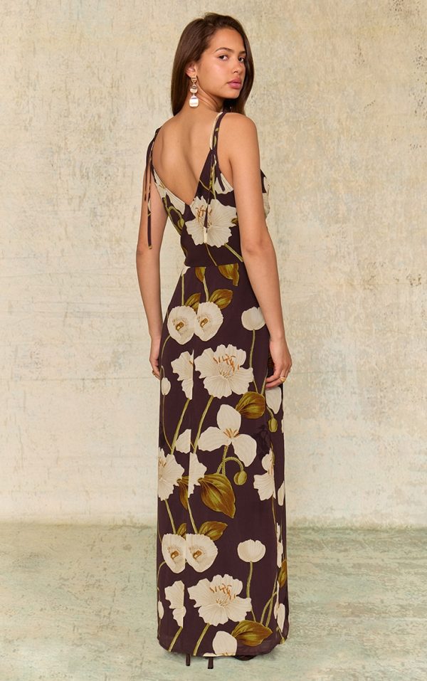 Chocolate Floral Chiffon Cowl Maxi Dress