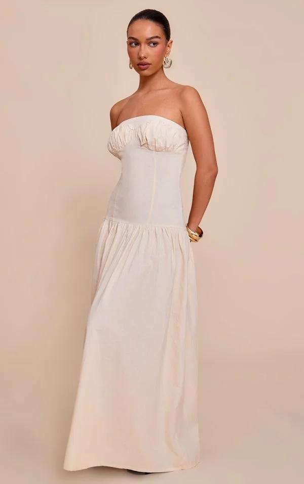 Sand Bandeau Bust Seam Detail Maxi Dress