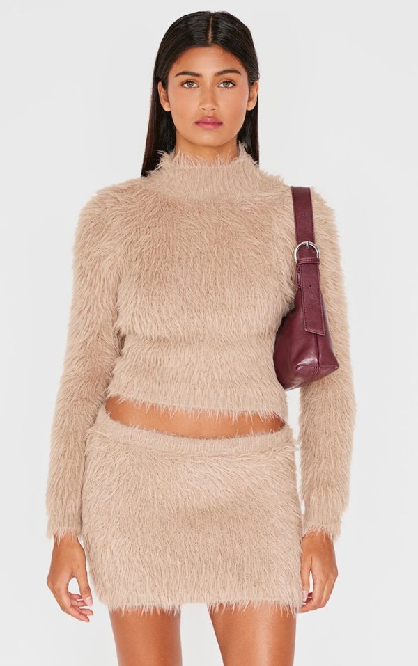 Mocha Fluffy Knit High Neck Top