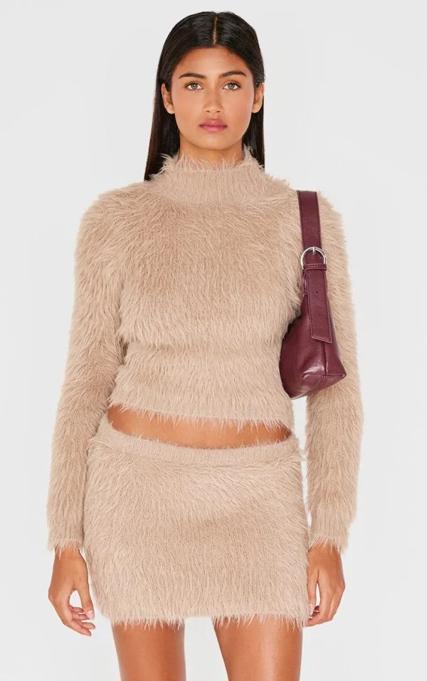 Mocha Fluffy Knit High Neck Top