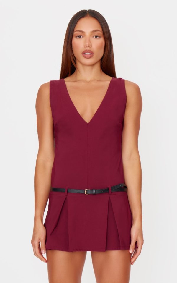 Burgundy Stretch Woven Pleated Belted Skort Romper