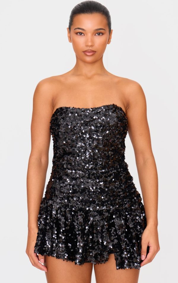 Black Sequin Bandeau Pleated Skort Romper