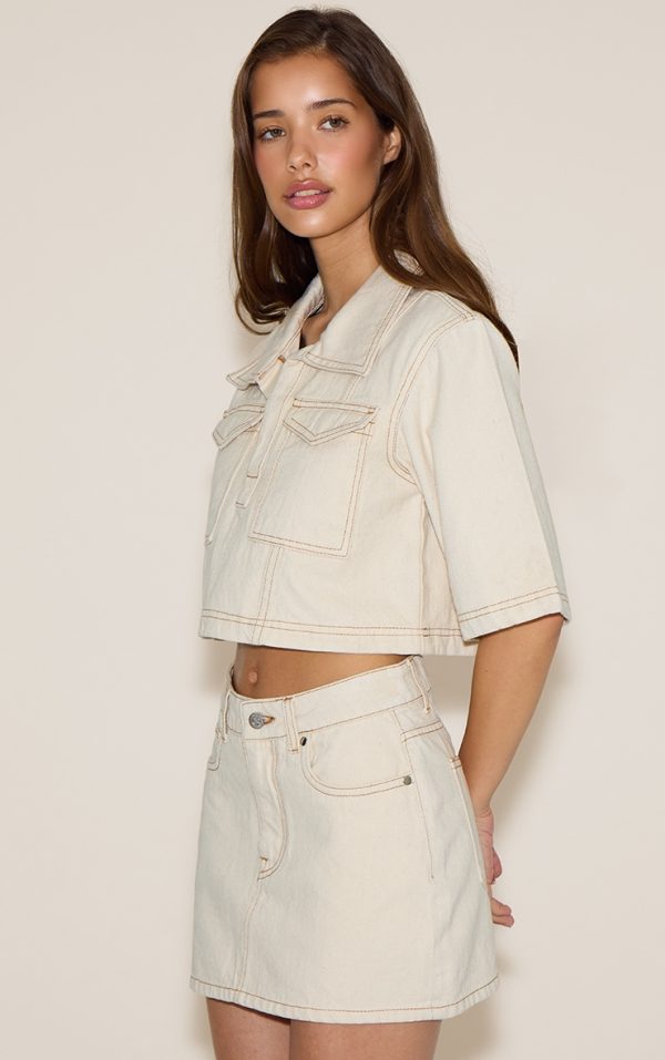 Ecru Contrast Stitch Denim Mini Skirt