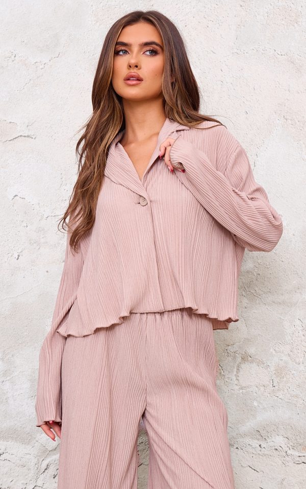 Taupe Textured Pleated  Button Front Shirt