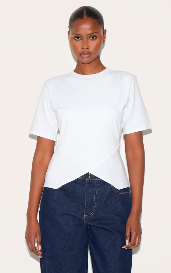 White Cotton Ruched Side Detail T Shirt