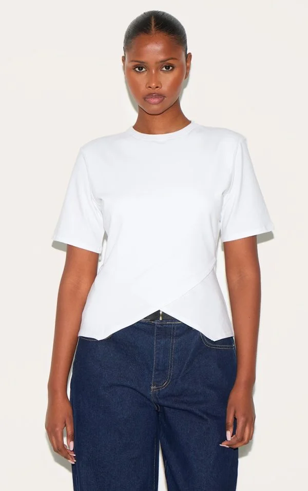 White Cotton Ruched Side Detail T Shirt