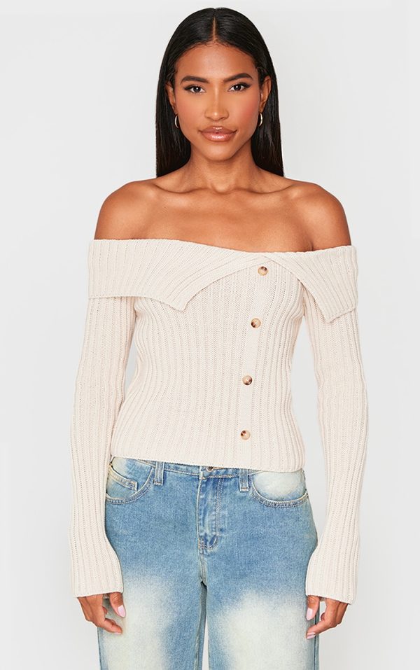 Oatmeal Thick Rib Bardot Foldover Button Up Top