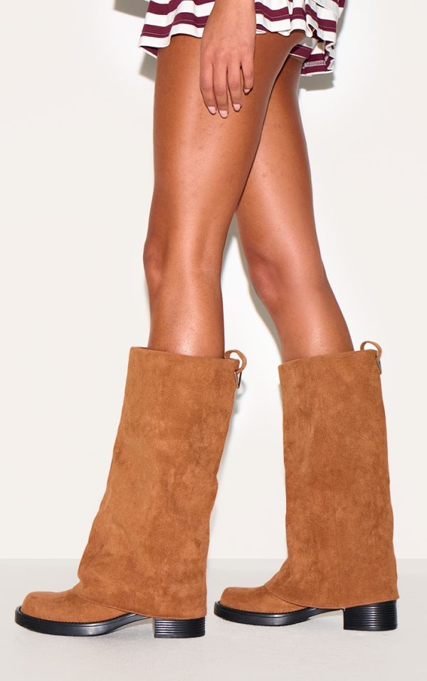 Camel Faux Suede Block Heeled Fold Over Knee High Boots