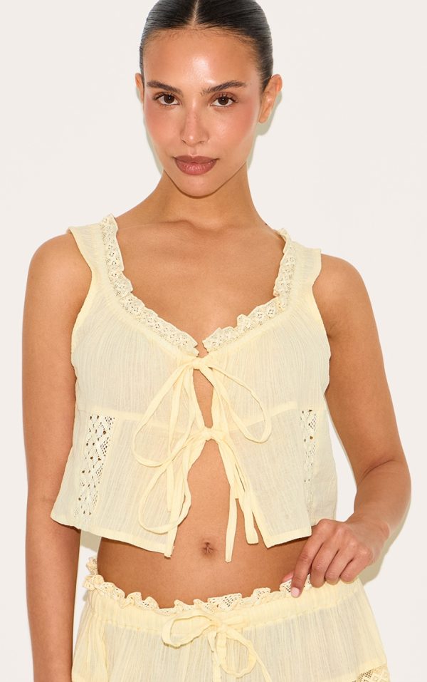 Petite Butter Cream Crinkle Broderie Tie Front Top