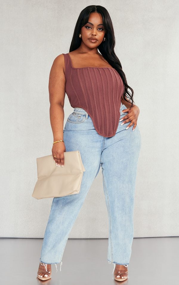 Plus Brown Textured Boned Corset Top