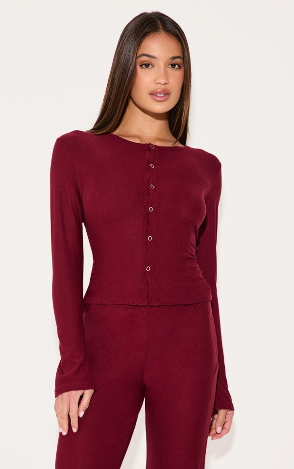 Burgundy  Soft Touch Popper Fitted Long Sleeve Long Top