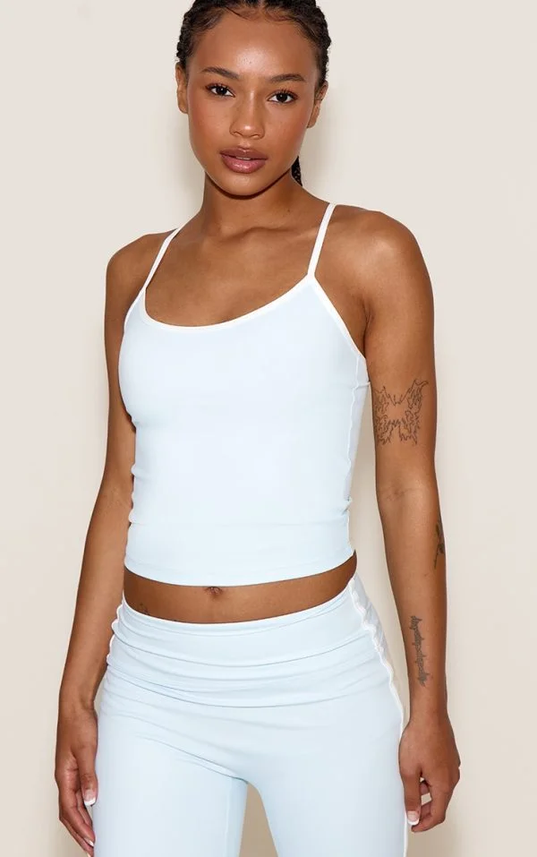 Petite Blue Sculpt Contrast Detail Strappy Gym Top