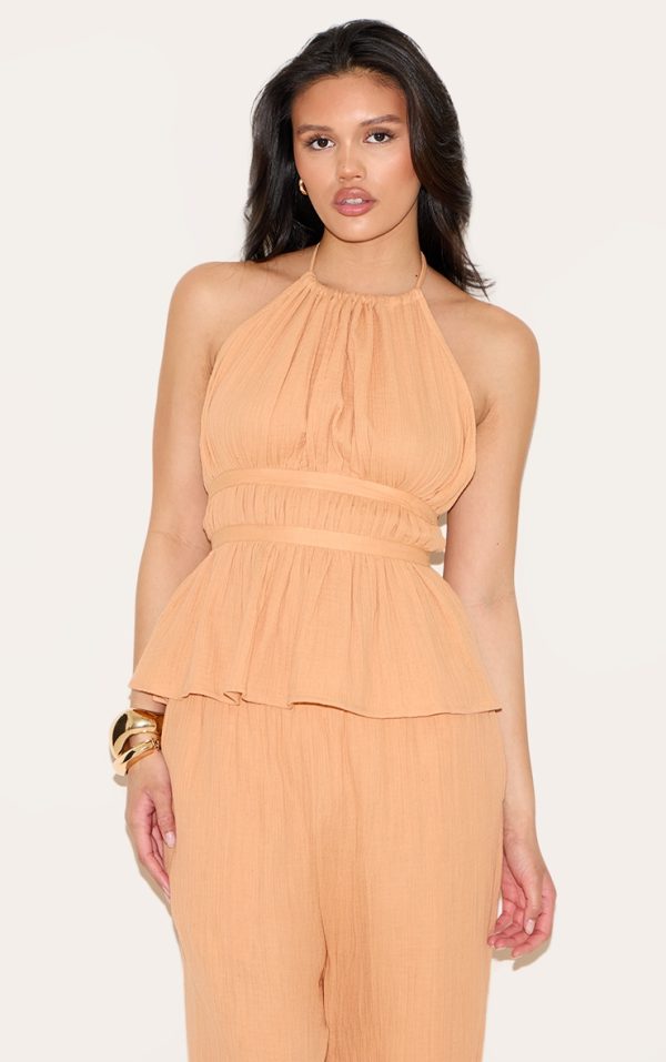 Apricot Cheesecloth Halterneck Sleeveless Backless Top