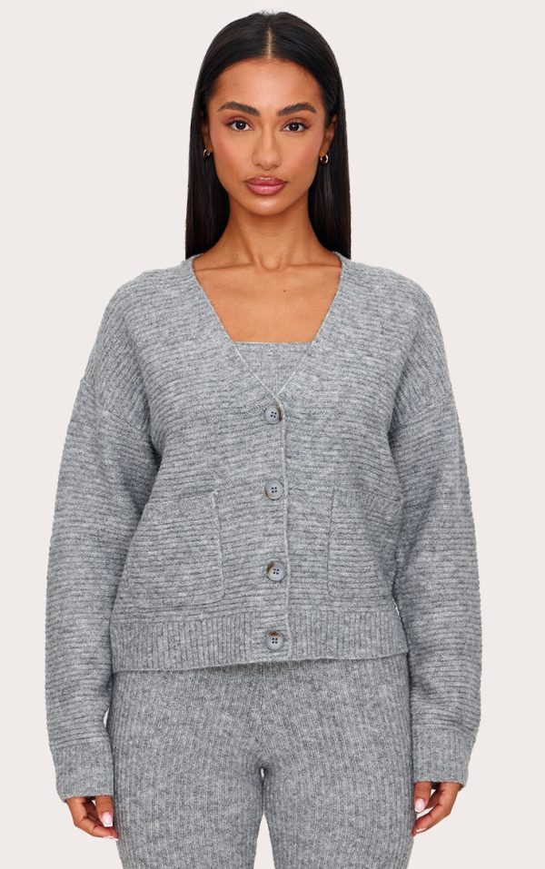Petite Grey Marl Rib Knit Oversized Cardigan