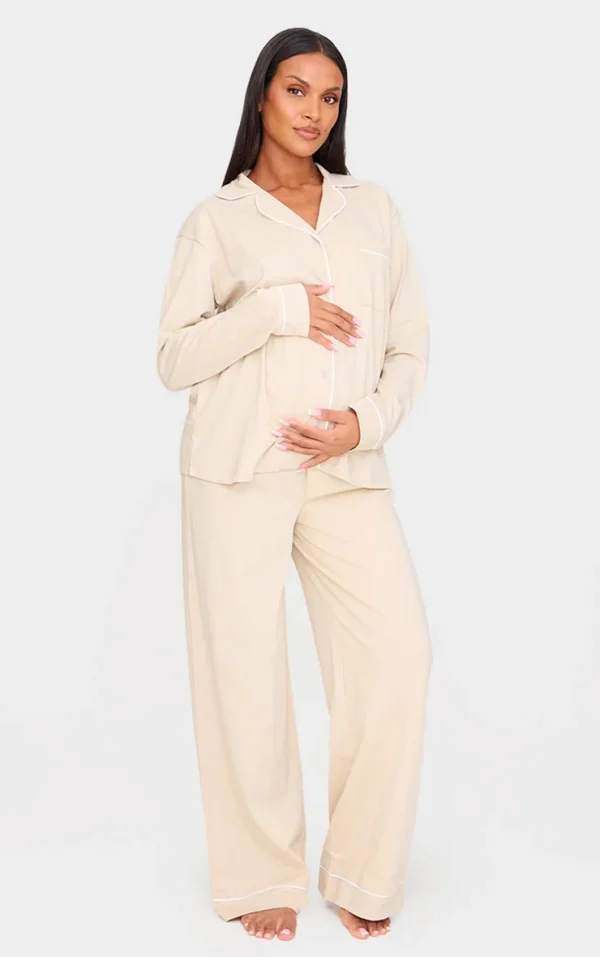 Maternity Sand Jersey Piping Detail Long Pj Set