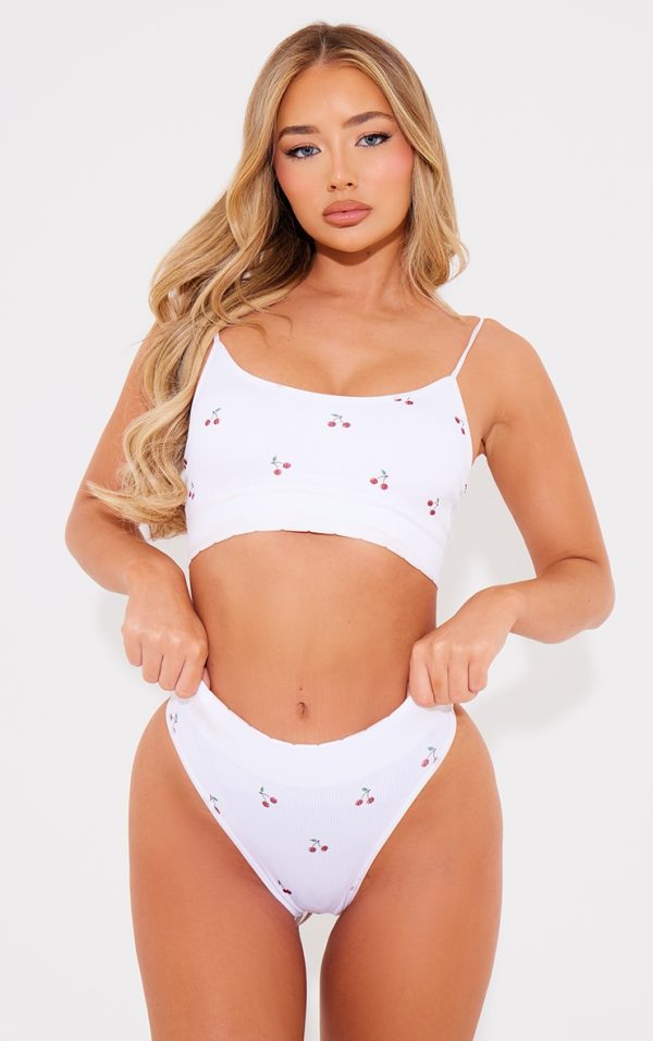 White Cherry Print Ribbed Thong