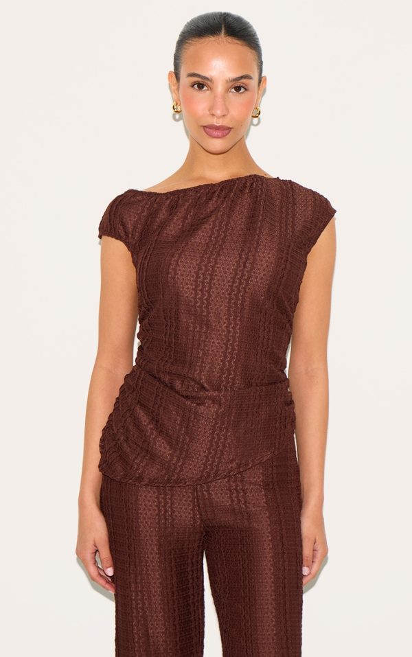 Petite Chocolate Asymmetric Textured Off Shoulder Top