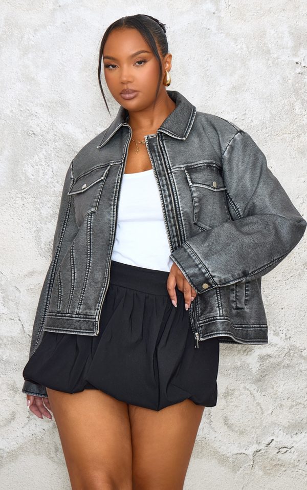 Plus Extreme Black Faux Leather Wash Pocket Detail Jacket