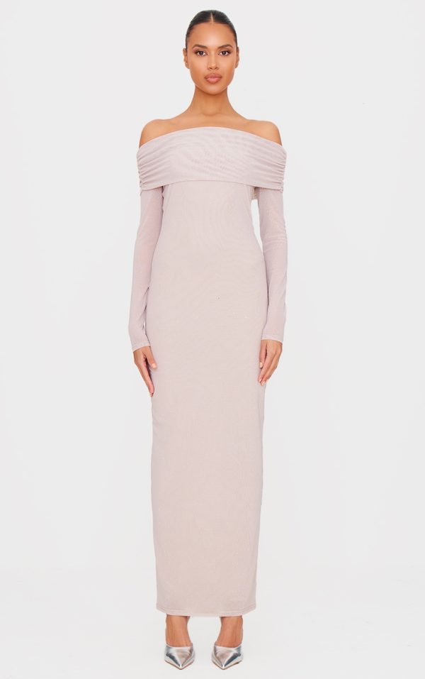 Nude Diamante Bardot Long Sleeve Maxi Dress