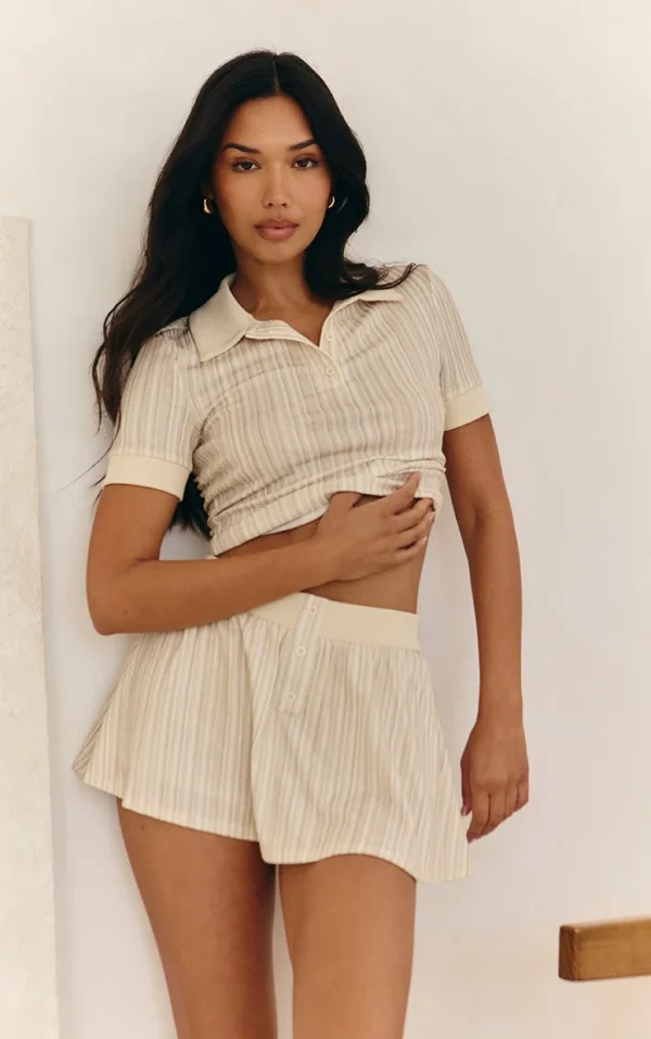 Cream Textured Button Detail Mini Skort