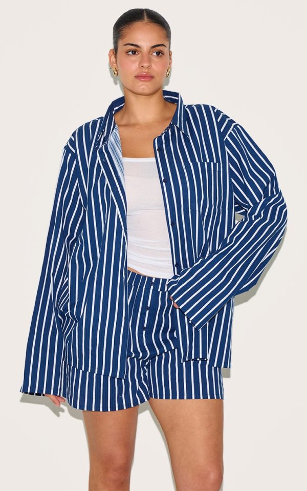 Plus Navy Striped  Oversized Long Sleeve Shirt