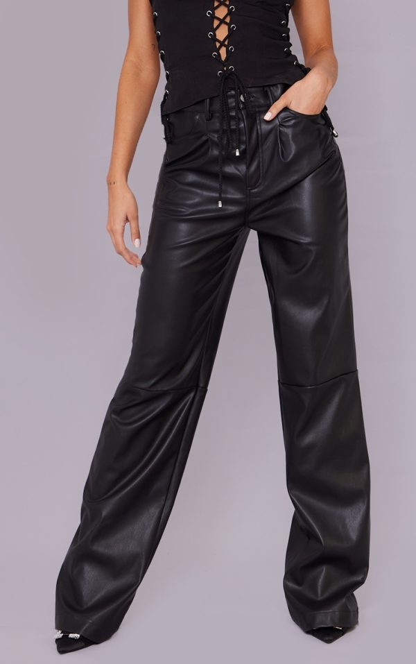 Black Faux Leather Pleat Detail Wide Leg Pants