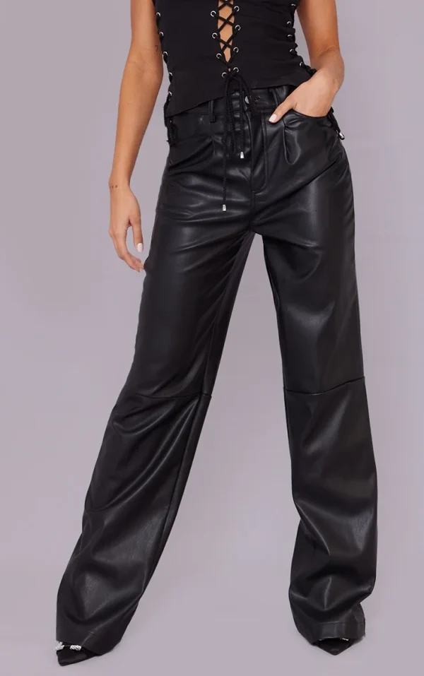 Black Faux Leather Pleat Detail Wide Leg Pants