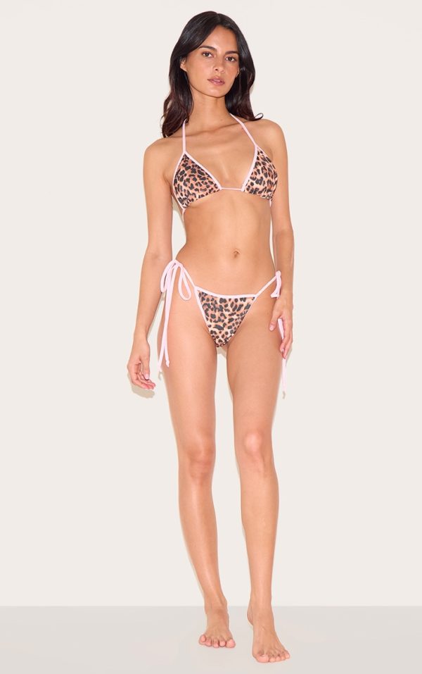 Brown Leopard Print Contrast Binding Bikini Bottoms