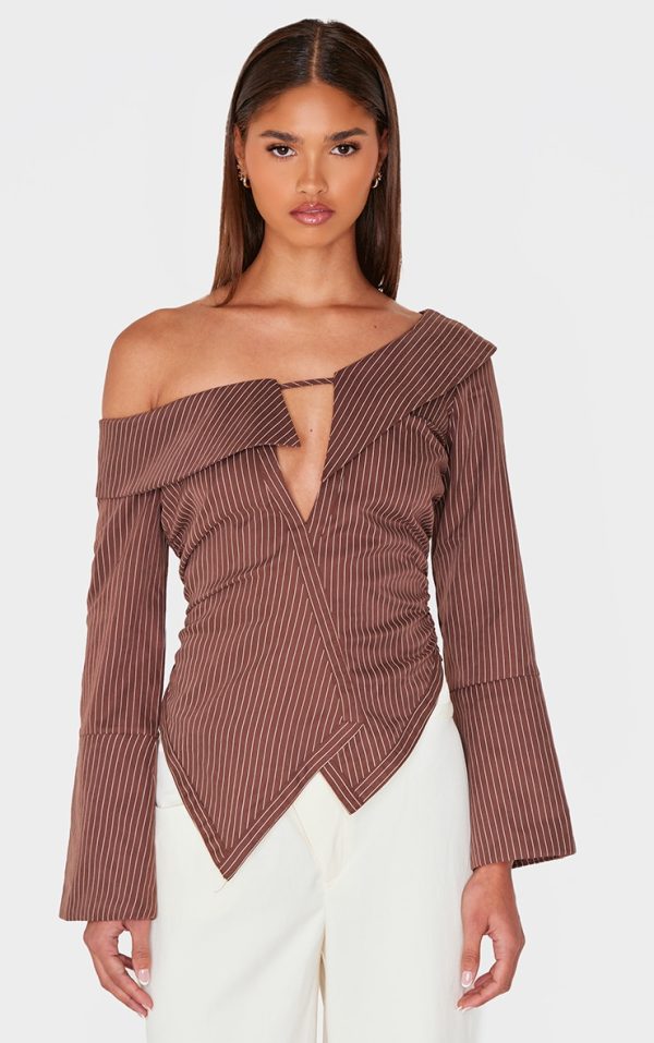 Brown Soft Touch Striped Plunge Shirt