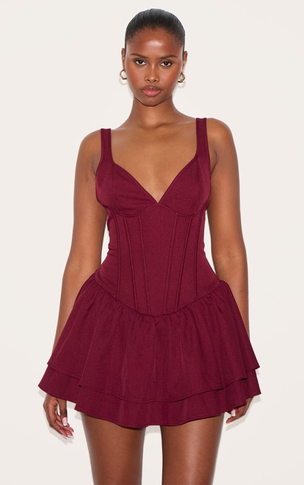 Wine Woven Corset Detail Skater Skort Romper