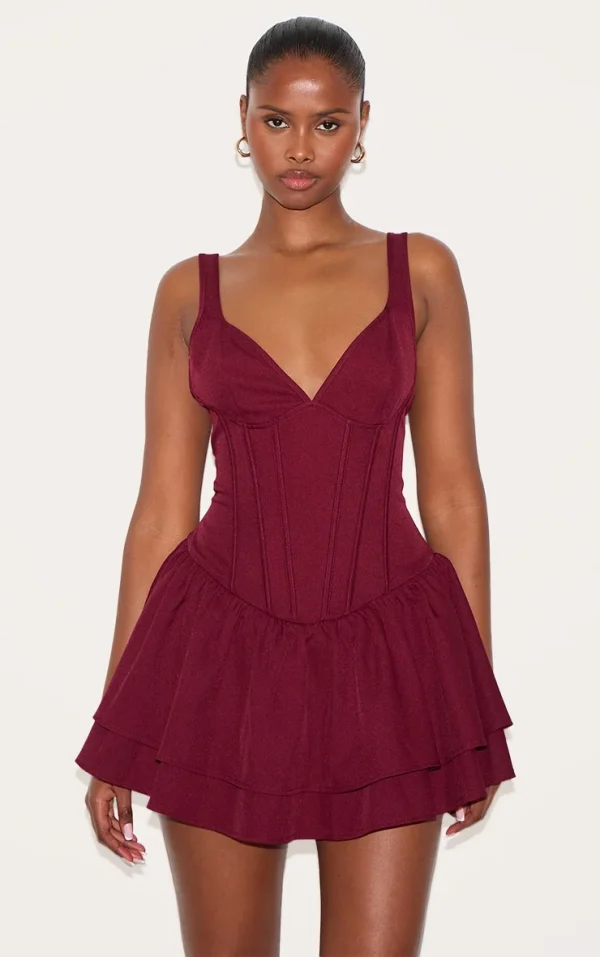 Wine Woven Corset Detail Skater Skort Romper