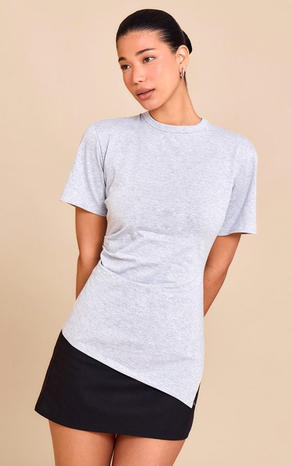 Grey Marl Cotton Ruched Side Asymmetric Hem T-shirt