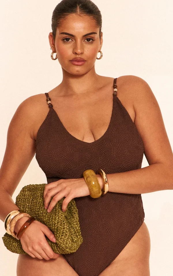 Plus Chocolate Textured Bead Trim Plunge Swimsuit