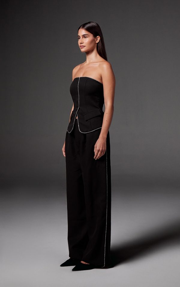 Black Woven Tailored Diamante Trim Wide Leg Pleated Pants