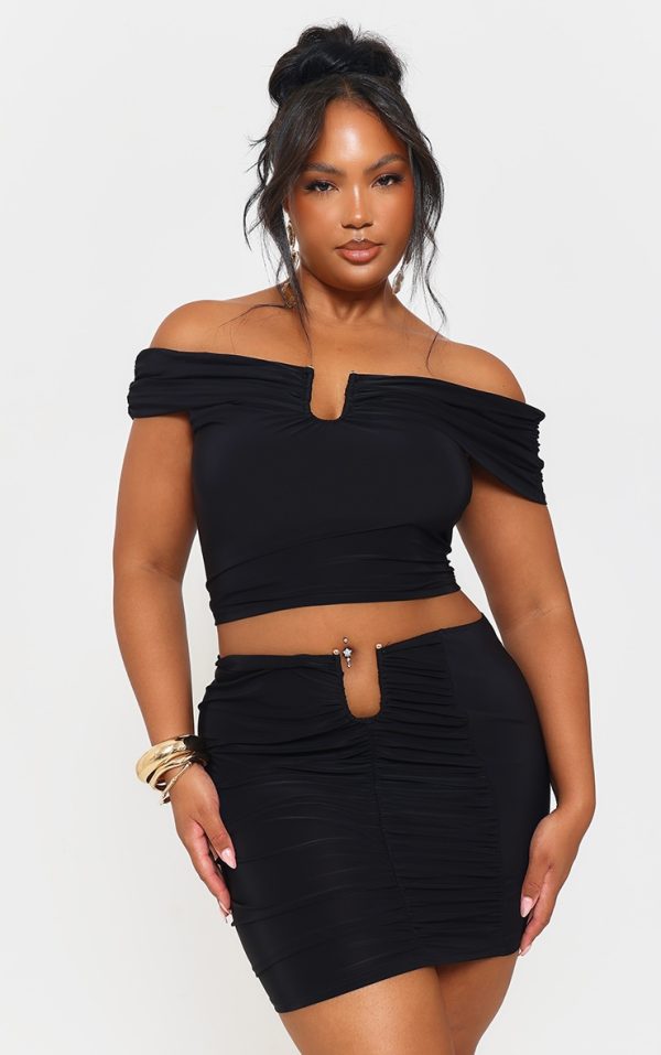 Plus Black Slinky Gold Trim Detail Bardot Top
