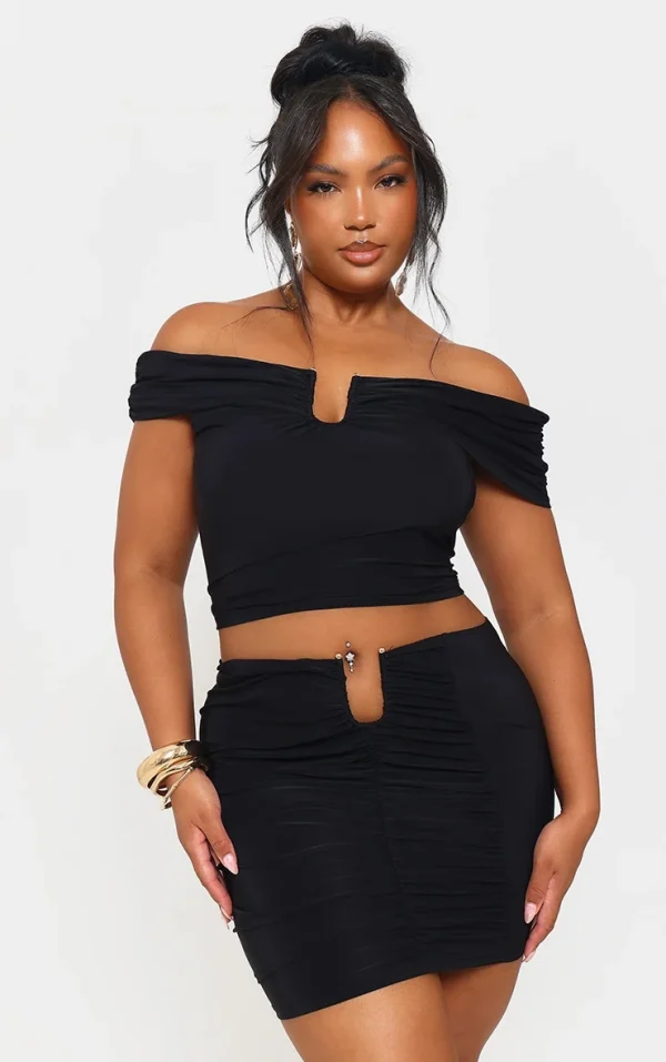 Plus Black Slinky Gold Trim Detail Bardot Top