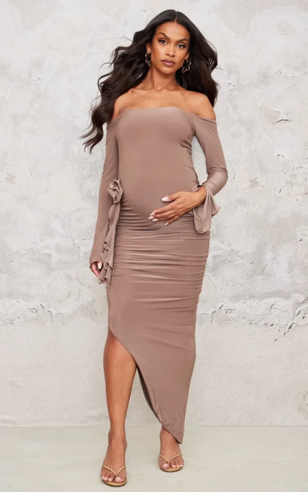 Maternity Taupe Slinky Off The Shoulder Flower Detail Maxi Dress