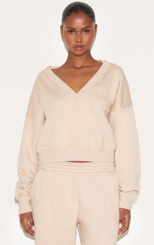 Oatmeal Boxy V Neck Sweatshirt