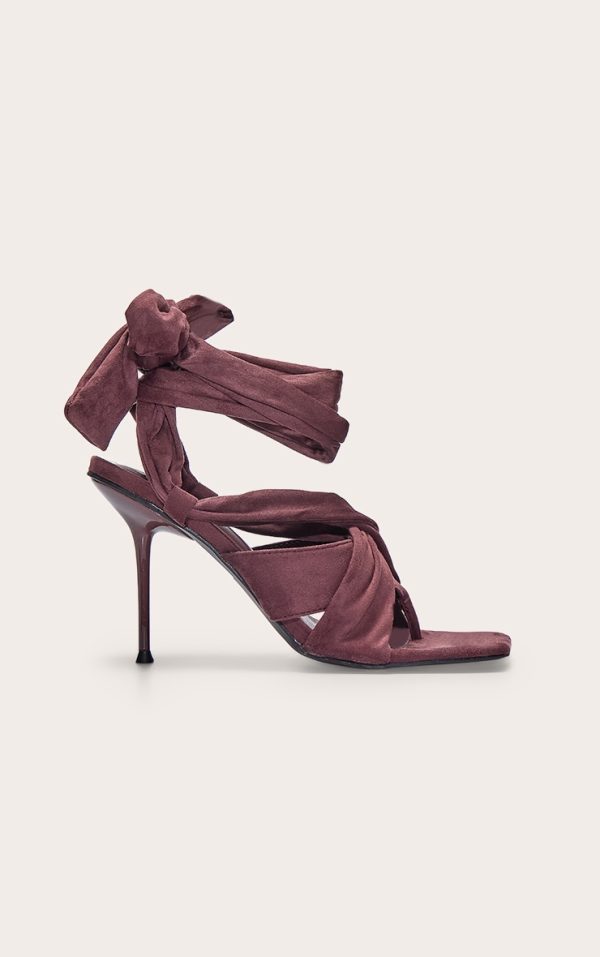 Chocolate Faux Suede Square Toe Thong Lace Up High Stiletto Heeled Sandals
