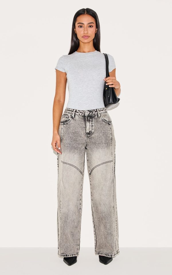 Petite Grey Denim Seam Detailed Wide Leg Jeans