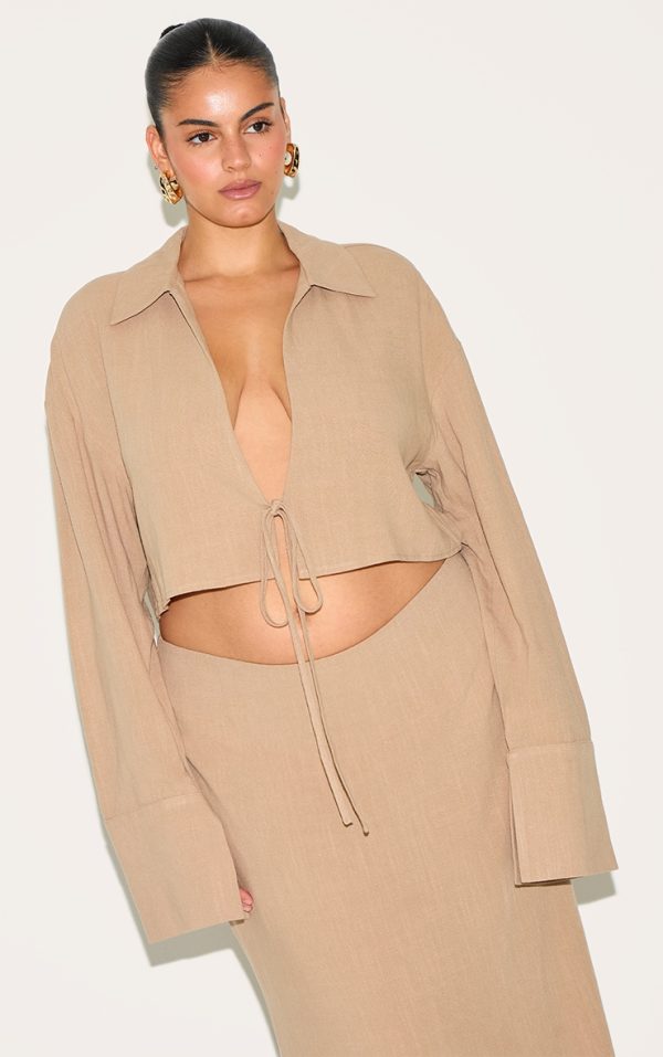 Plus Sand Linen-Blend Tie Front Cropped Shirt