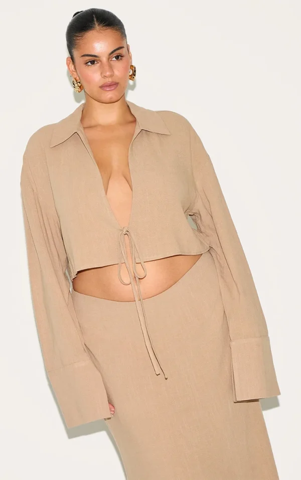 Plus Sand Linen-Blend Tie Front Cropped Shirt