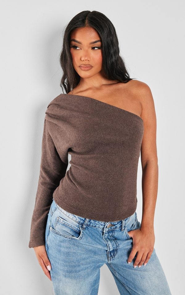 Chocolate Brushed Rib Asymmetric Shoulder Long Top