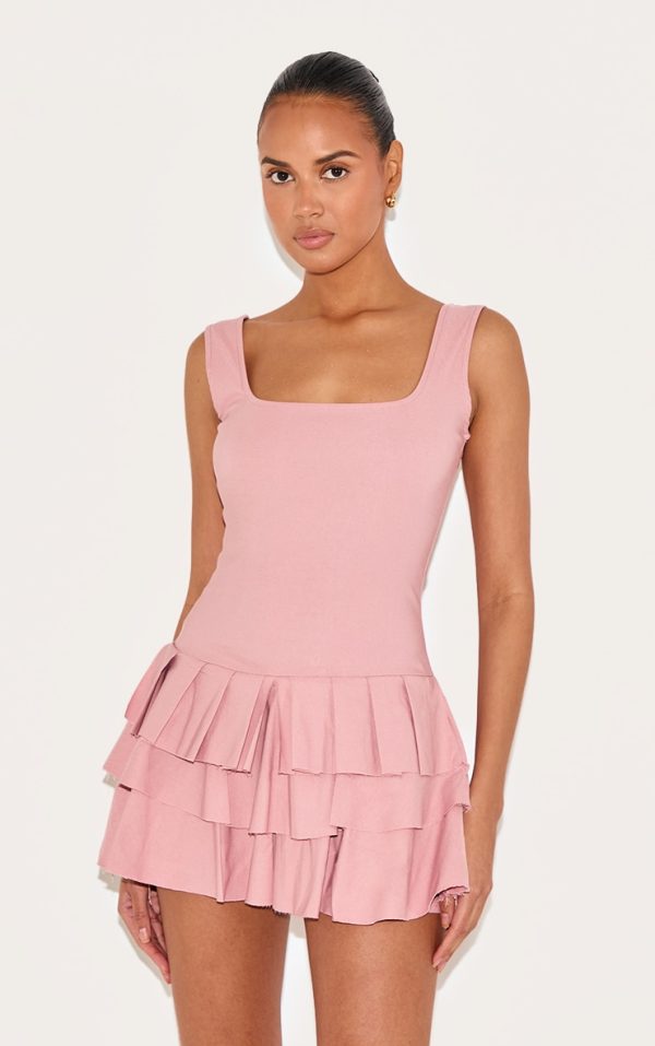 Baby Pink Stretch Woven Pleated Skort Romper