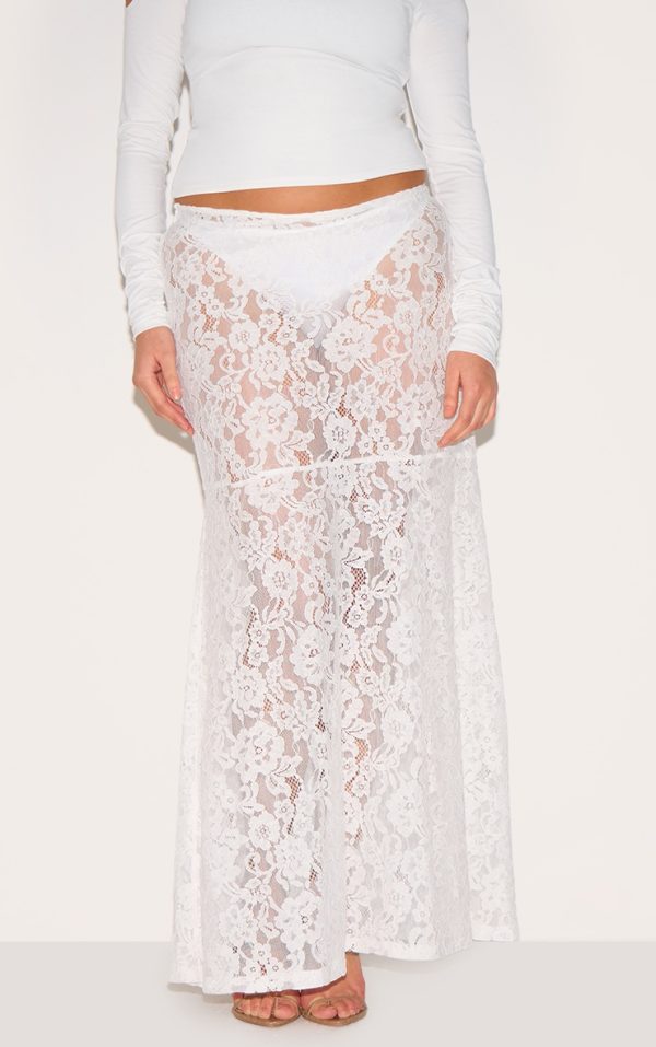 Plus White Floral Lace Sheer Maxi Skirt