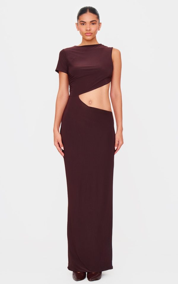 Chocolate Double Layer Slinky Short Sleeve Trim Detail Maxi Dress