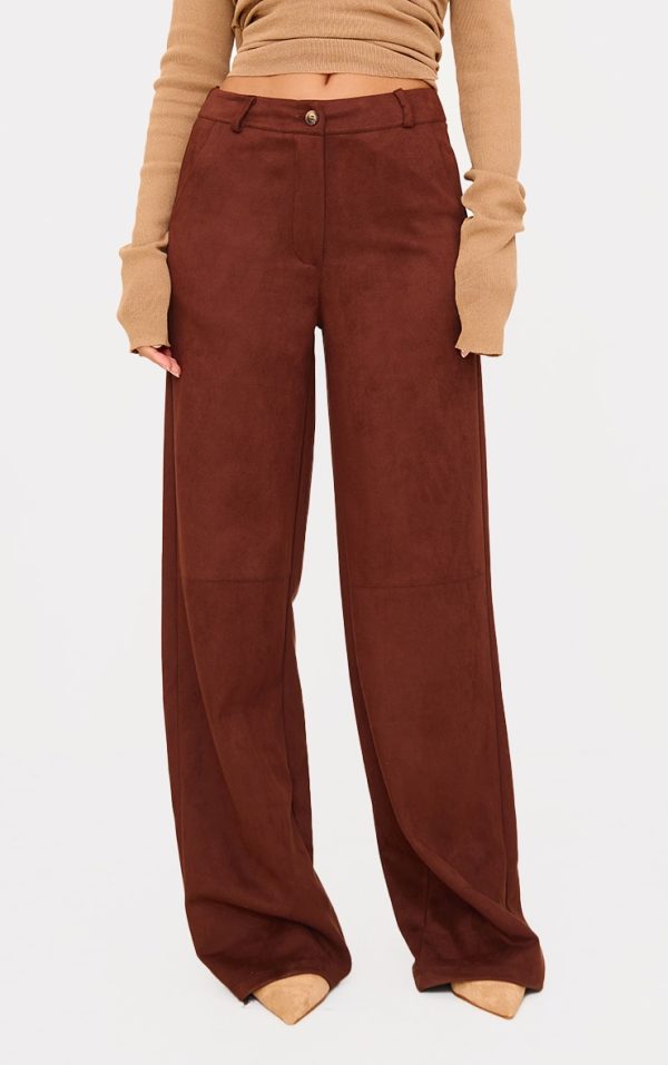 Chocolate Faux Suede Tailored Straight Leg Pants